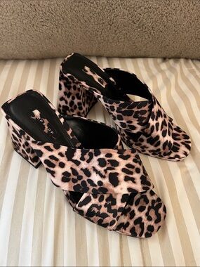Topshop Leopard Print Crisscross Block Heel Mules